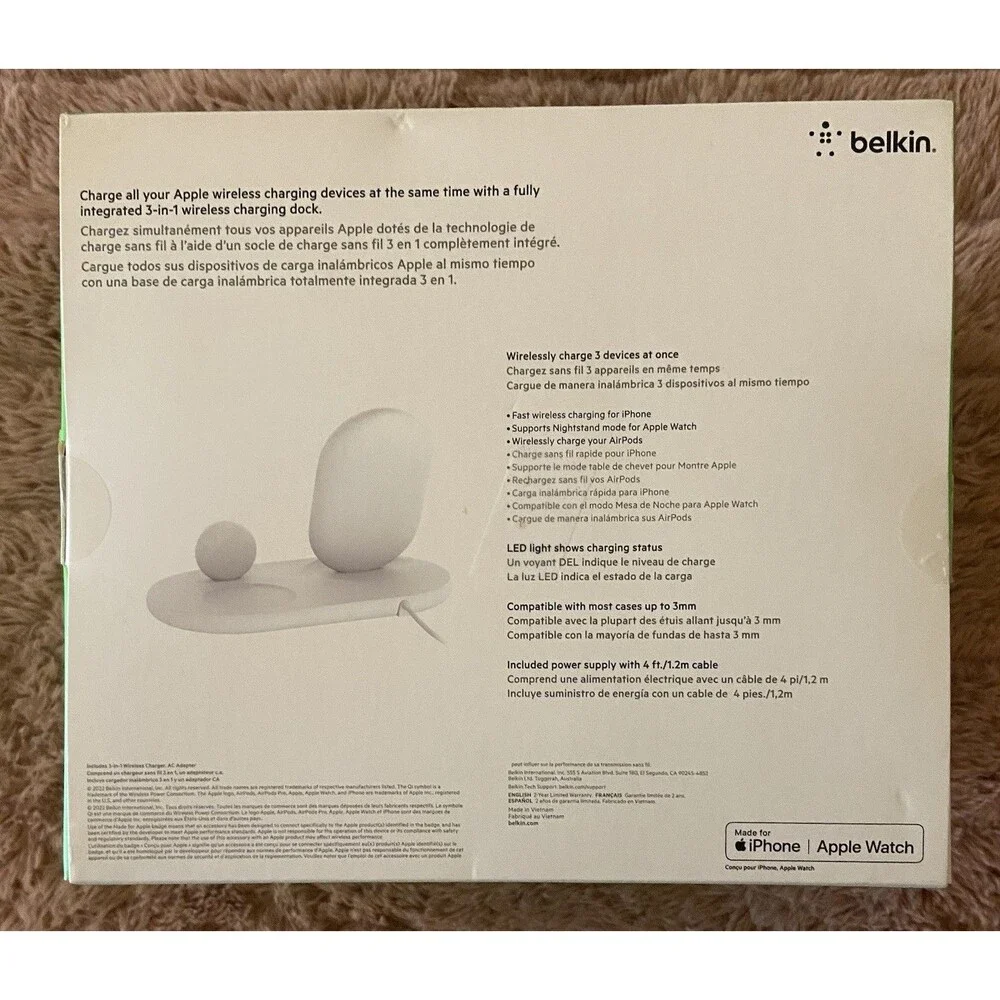 Belkin 3-in-1 Wireless Charging Station for iPhone, Apple Watch, Air Pods White